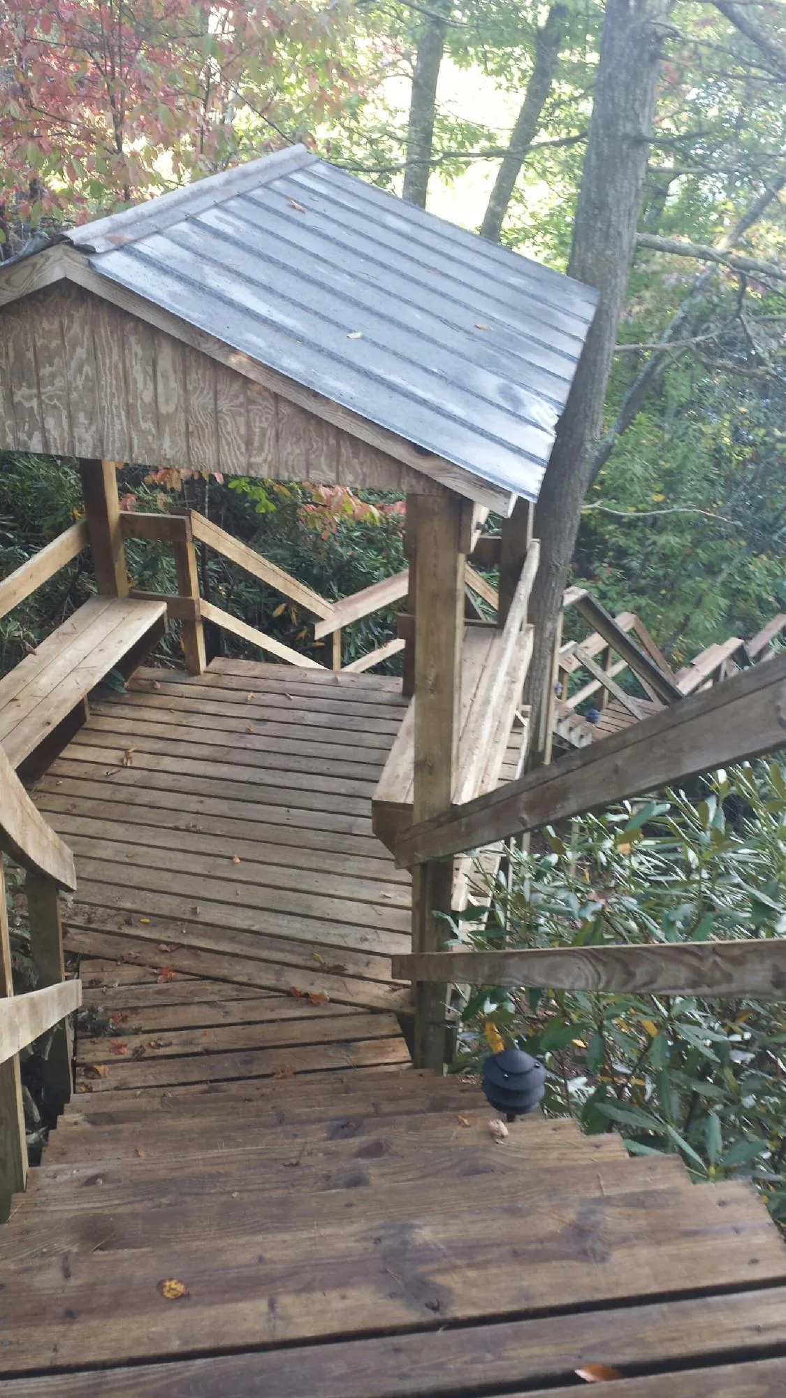 Metal roofed shelter over wooden steps on a wooded walkway — Skylight Repair & Installation work by our crew in Stone Creek